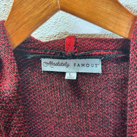 Absolutely Famous Red Black Buffalo Plaid Hooded Open Cardigan Sweater L - Picture 2 of 7